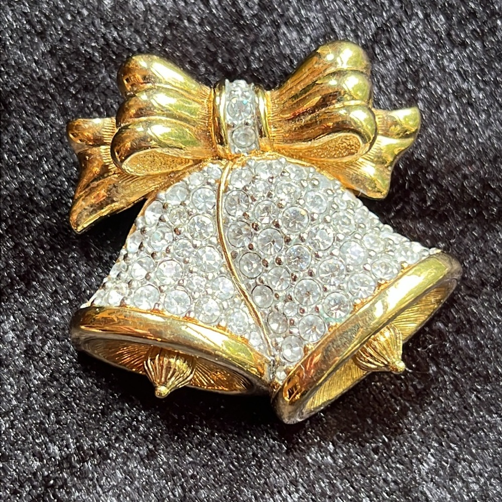 Vintage Swarovski swan signed double bell Austrian crystal brooch